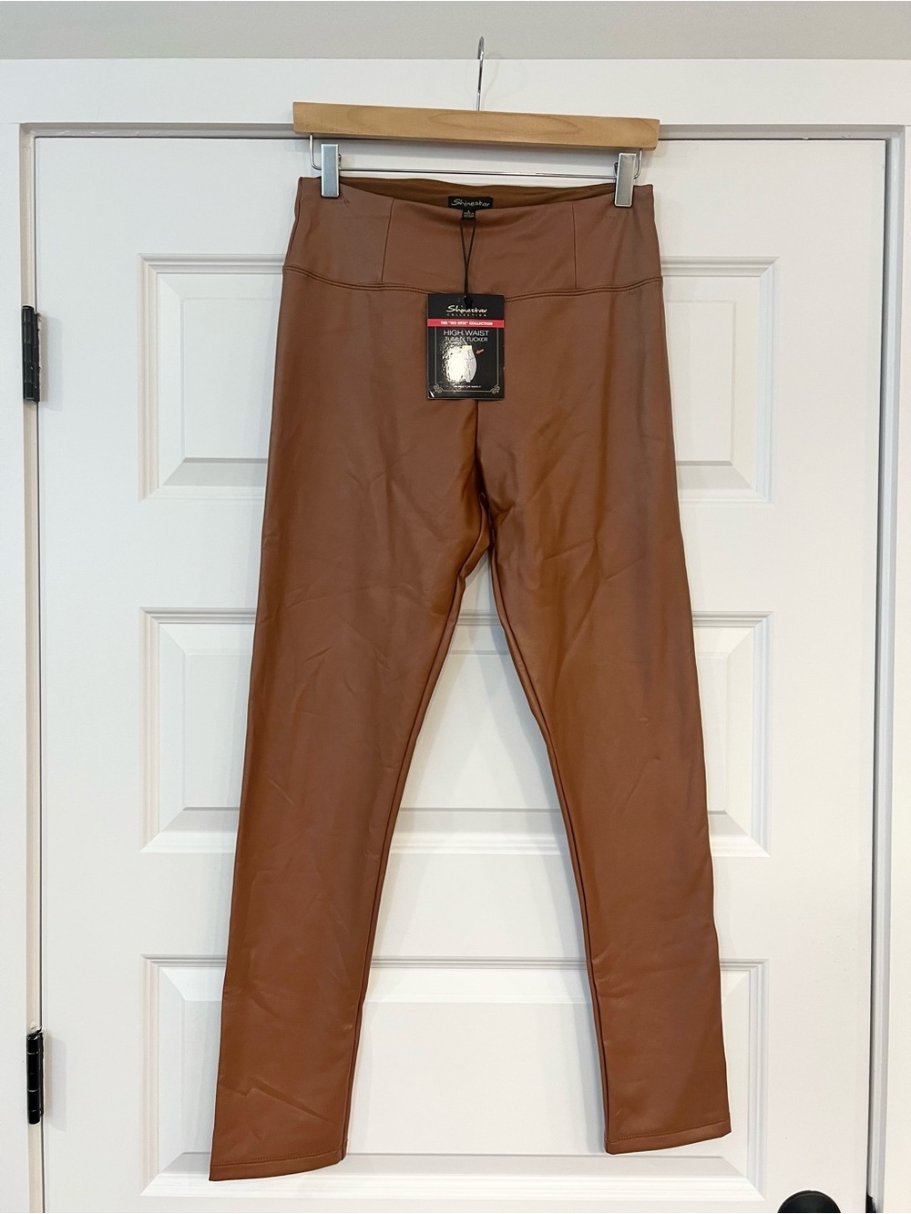 Shinestar Faux Leather Leggings High Waist Tummy Tuck Brown Size L NWT